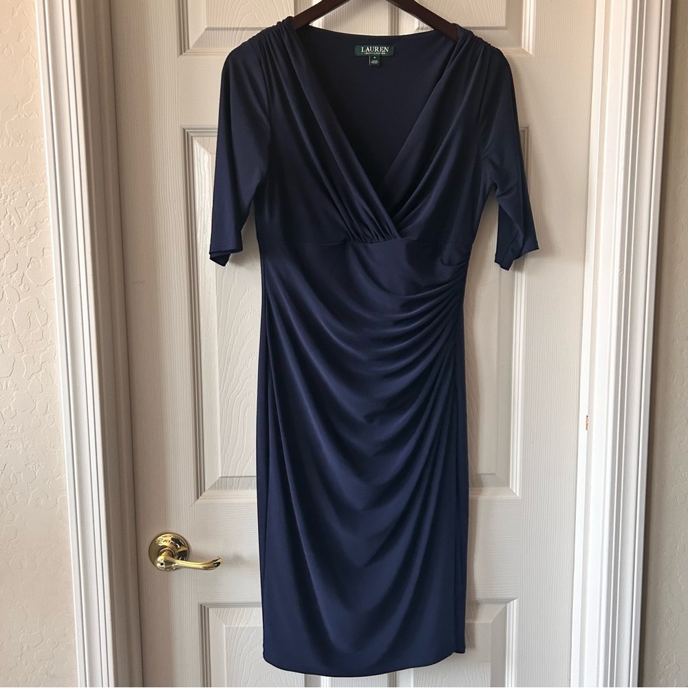 Lauren Ralph Lauren Navy Ruched V Neck Dress, Size 8